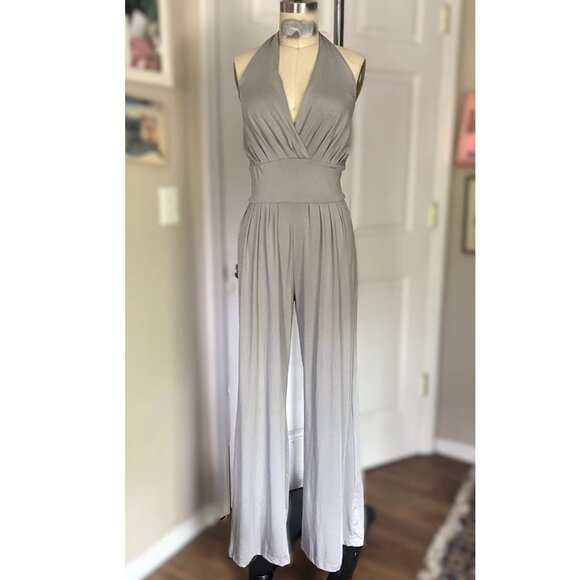 ALLEGRA K Gray Black SASH Halter Mock-wrap Cocktail JUMPSUIT Romper *SMALL* - Picture 2 of 7